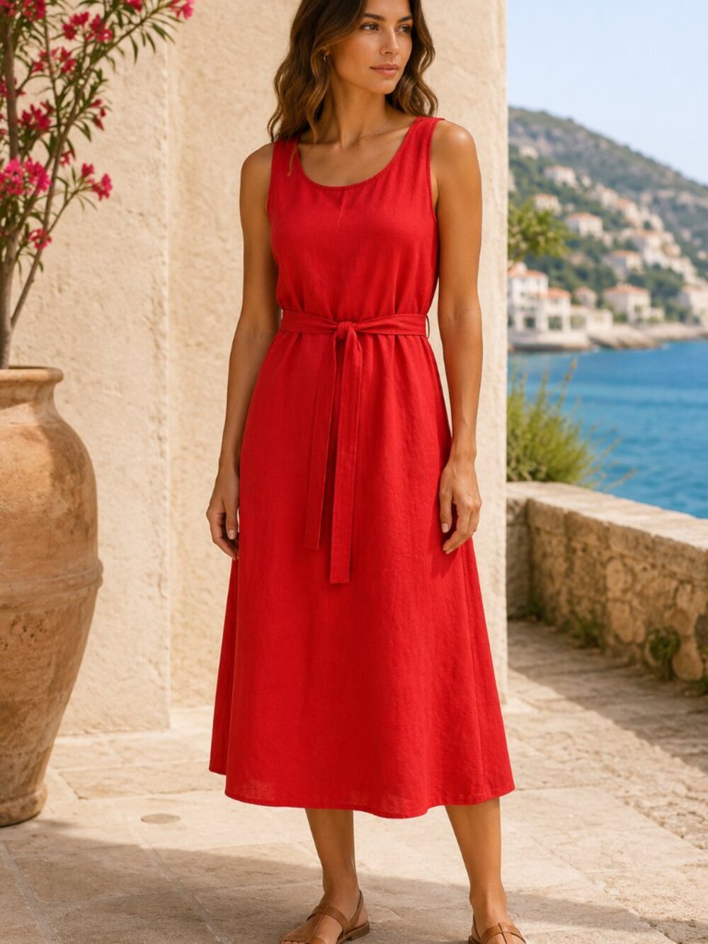 Lungo L'Arno Italy Linen Dress M Red Belted Midi Sleeveless Made in Italy